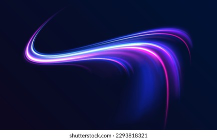 Dynamic composition of bright lines forming lights track of speed movement. Futuristic neon light effect. Speed of light concept background	