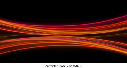 Dynamic composition of bright lines forming lights track of speed movement. Futuristic neon light effect. Speed of light concept background