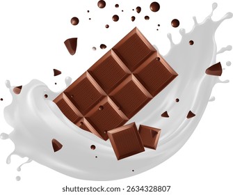 Dynamic composition of a chocolate bar breaking into pieces, surrounded by a splash of white milk or cream, promotions, dairy products, dessert advertisements, or sweet treat concepts