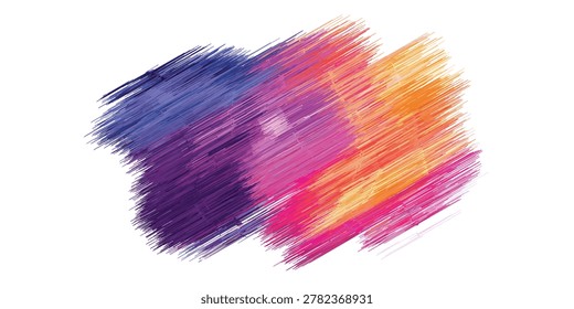 A dynamic composition of colorful brush strokes, blending purple, pink, and orange with a textured, scribbled effect on a white background.