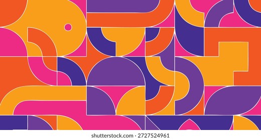 Una composicion dinámica de Formas geométricas coloridas, incluyendo arcos y cuadrados, arreglados en un patrón teselado con una sensación retro.