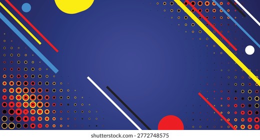 Dynamic composition of colorful geometric shapes and lines on a deep blue background, creating a modern abstract design.