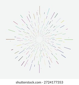 Una composición dinámica de líneas coloridas que se extienden hacia afuera desde un punto central en una explosión de energía y movimiento sobre un fondo blanco puro