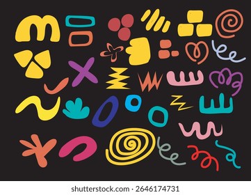  A dynamic composition of colorful, pixelated shapes and abstract forms on a black background. The mood is energetic and playful, with a retro-pixel art style. 