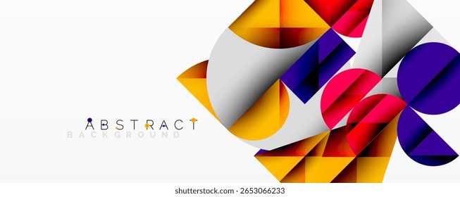 Dynamic composition features geometric shapes, vibrant colors, white space. Modern design elements create visual interest.
