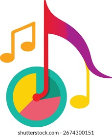 A dynamic composition featuring colorful musical notes and a segmented pie chart, all rendered in a flat design with distinct color blocks, isolated on a white background.