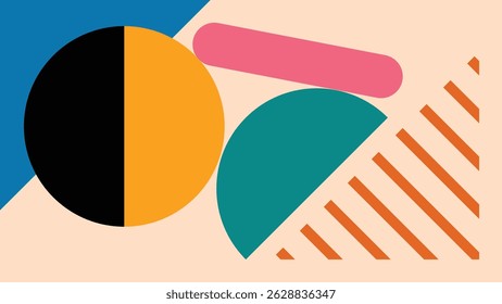 Dynamic composition featuring half circles, bold diagonal lines, and playful shapes in teal, orange, pink, and black. Ideal for modern design themes and creative visual projects.