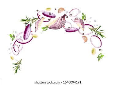 A dynamic composition in the form of an arch of red onions, rosemary, parsley, garlic, spices and seasonings. Vector realistic illustration isolated on white background.