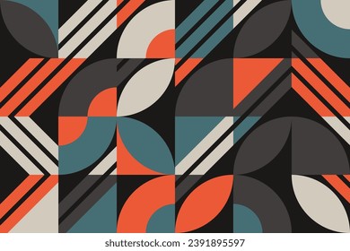 A dynamic composition of geometric shapes in a bold color scheme, reflecting a blend of modern art and Scandinavian minimalism, perfect for a stylish backdrop or fabric design