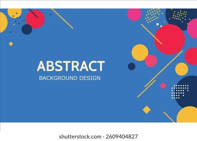Dynamic composition of geometric shapes of circles and line red and yellow on blue backgroung. These interplay elements creates a sense of movement and depth, perfect for contemporary design projects.