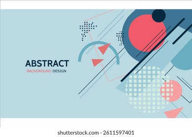 Dynamic composition of geometric shapes, circles and lines in blue, red, and on light gray blue backgroung. Perfect for contemporary design projects templates.