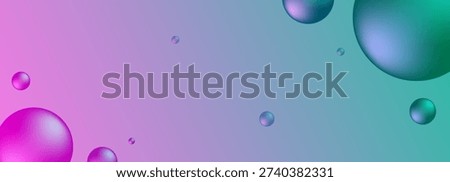 A dynamic composition of glossy, colorful spheres in various sizes, appearing to float and reflect light against a smooth, transitioning gradient of pink, purple, and teal.