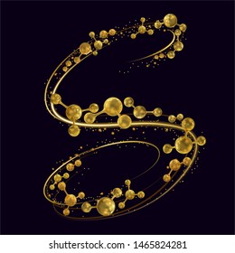 Dynamic composition of the golden color of molecules and neon elements. Abstract background. Vector illustration isolated on dark background.