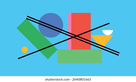 Dynamic composition with green, pink, and blue geometric shapes balanced by intersecting black lines on a golden yellow background.
