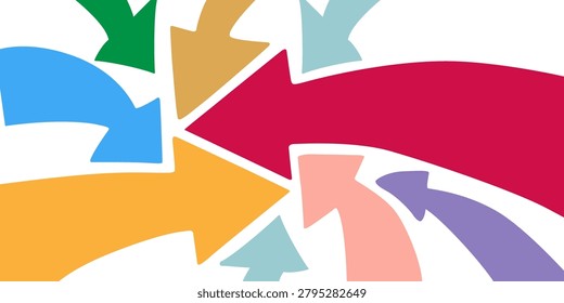 Dynamic composition with many vibrant arrows pointing inward and outward, illustrating concepts of decision-making, convergence, and divergence with bold, playful shapes.