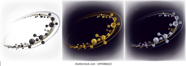 Dynamic composition of molecules and atoms. Set of black, gold, silver molecules with decorative neon elements. Vector 3d illustration isolated on transparent background.