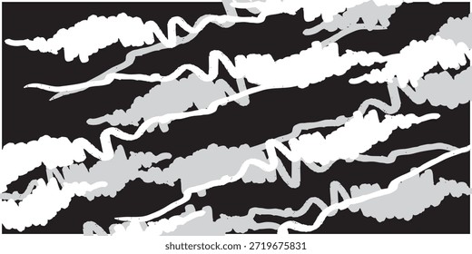 Eine dynamische Komposition organischer, wolkenartiger Formen in Weiß und Hellgrau, verflochten mit dünnen, welligen weißen Linien vor einem soliden schwarzen Hintergrund.