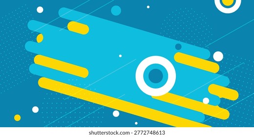 A dynamic composition of overlapping blue and yellow rounded rectangles and circles against a blue background with small white dots.