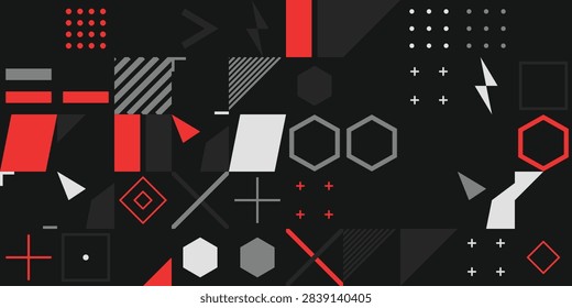 A dynamic composition of red, white, and gray geometric shapes and patterns against a black backdrop.
