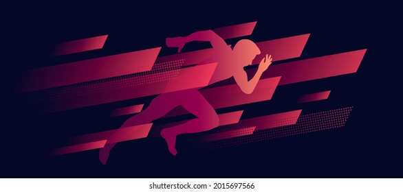 dynamic composition, running man illustration silhouette in speed geometric shapes, red on dark