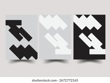 A dynamic composition showcasing abstract geometric forms resembling upward-pointing arrows. Presented in three distinct color variations black white and gray providing versatility for various design 