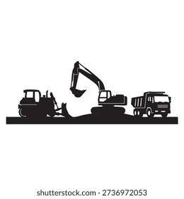 Dynamic composition showcasing industrial construction work with heavy equipment. Silhouette of bulldozer, excavator, and dump truck engaged in earthmoving, digging, and material hauling tasks. Essential machinery for large-scale construction and mining projects, symbolizing progress and infrastructure development.