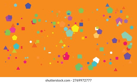 A dynamic composition of varied geometric shapes dispersed across a bright, uniform orange backdrop.