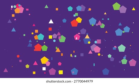 A dynamic composition of varied geometric shapes dispersed across a vivid backdrop, creating a lively and abstract visual experience.