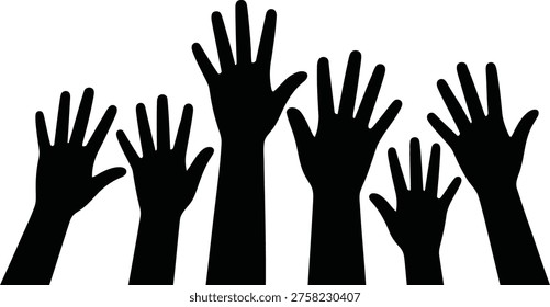 A dynamic composition of varied hands raised upwards, symbolizing participation, voting, asking questions, or celebration.