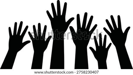 A dynamic composition of varied hands raised upwards, symbolizing participation, voting, asking questions, or celebration.