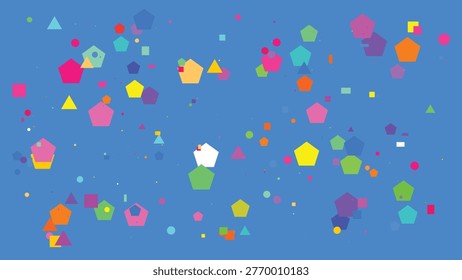 A dynamic composition of various geometric shapes dispersed across a vivid blue backdrop with bright, contrasting colors.