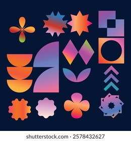 A dynamic composition of vibrant geometric shapes in a variety of colors and gradients.