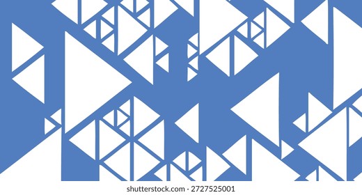 A dynamic composition of white triangles of various sizes and orientations against a solid blue backdrop, creating a sense of movement and depth.