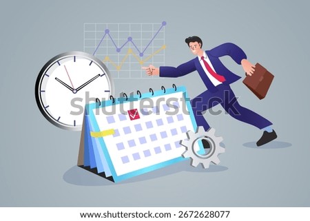 A dynamic concept of project management and business growth, showing a successful businessman running with a calendar and clock to meet a deadline and track performance.