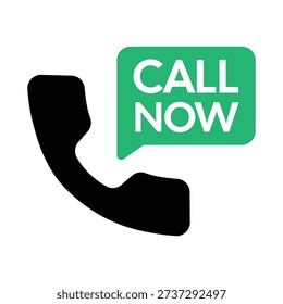 A dynamic and contemporary digital call-to-action (CTA) icon designed for high-impact user engagement. The design features a large, bold black telephone handset silhouette positioned on the left, overlapping a vibrant green speech bubble that displays the text CALL NOW in clean white sans-serif capital letters. This professional vector asset is perfectly suited for website contact buttons, mobile app communication features, and digital marketing materials for businesses that prioritize fast, direct customer support and sales outreach.