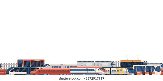 Dynamic, Contemporary Seamless Pattern Showcasing Sleek Trains And Trams In Vibrant Colors, Horizontal Border