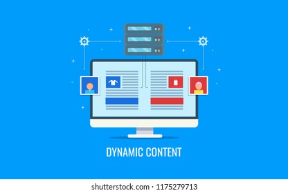 Dynamic content, behavioral content marketing, engaging user content flat design vector illustration with icons