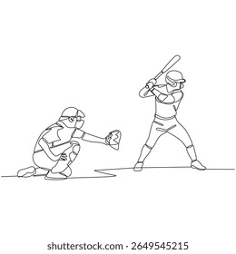 Een dynamische doorlopende lijnkunst illustratie van een honkbalslagman en catcher in actie, met de nadruk op focus, beweging en de geest van de sport