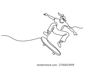 Dynamic continuous line drawing of female skater. Motion and agility of extreme urban sport lifestyle vector illustration.