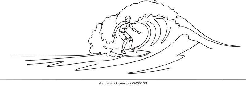 Dynamic continuous line illustration of surfer riding large ocean wave, minimalist black line art capturing motion of surfing barrel, extreme water sports vector design for beach branding concepts.
