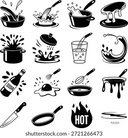 Dynamic cooking and kitchen splash icon set. Containing frying pan, whisk mixing, pouring water, boiling pot, cracking egg, and knife chopping.