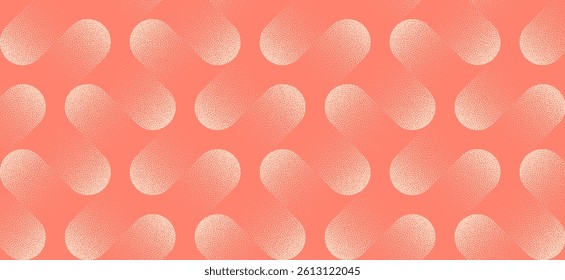 Dynamic coral background with soft drop shapes arranged in geometric rhythm. Stylish grainy stipple texture adds depth to this abstract panoramic vector perfect for UI presentations or wallpapers