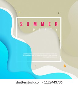 Dynamic cover design with concept of beach. summer banner for sale and discount advertisement. frame and place for text. seashells on sand. trendy design Eps10.