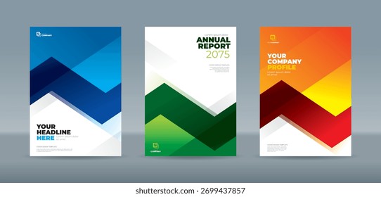 Diseño de cubierta dinámico con un moderno patrón geométrico abstracto en zig-zag en color azul, verde y naranja. Plantilla de la cubierta del libro del tamaño A4 para el informe anual, revista, folleto, propuesta, Cartera