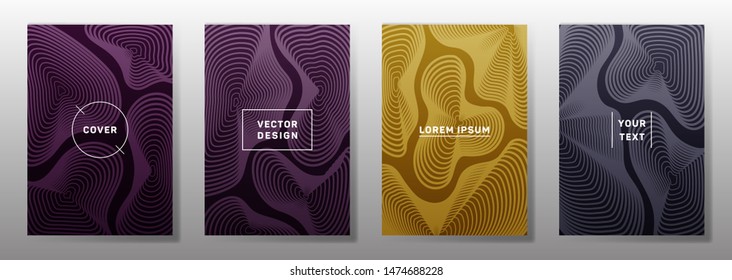 Dynamic cover templates set. Fluid curve shapes geometric lines patterns. Linear backgrounds for catalogues, business magazine. Line shapes patterns, header elements. Cover page layouts set.
