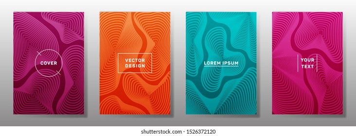 Dynamic cover templates set. Fluid curve shapes geometric lines patterns. Geometric backgrounds for notepads, notice paper covers. Line stripes graphics, title elements. Cover page templates.