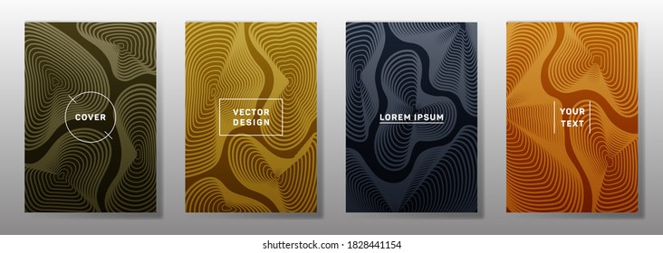 Dynamic cover templates set. Fluid curve shapes geometric lines patterns. Modern backgrounds for notepads, notice paper covers. Line stripes graphics, title elements. Cover page layouts set.