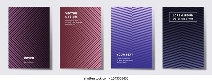 Dynamic cover templates set. Geometric lines patterns with edges, angles. Gradient backgrounds for catalogues, business magazine. Line stripes graphics, title elements. Cover page layouts set.