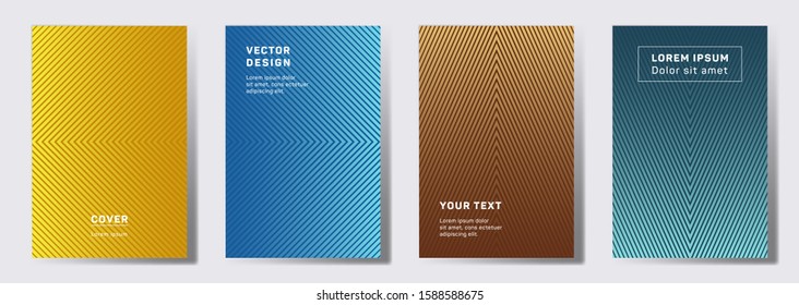 Dynamic cover templates set. Geometric lines patterns with edges, angles. Linear backgrounds for cataloges, corporate brochures. Line stripes graphics, title elements. Cover page templates.