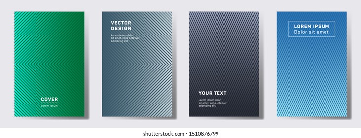 Dynamic covers linear design. Geometric lines patterns with edges, angles. Gradient backgrounds for catalogues, business magazine. Line stripes graphics, title elements. Cover page layouts set.